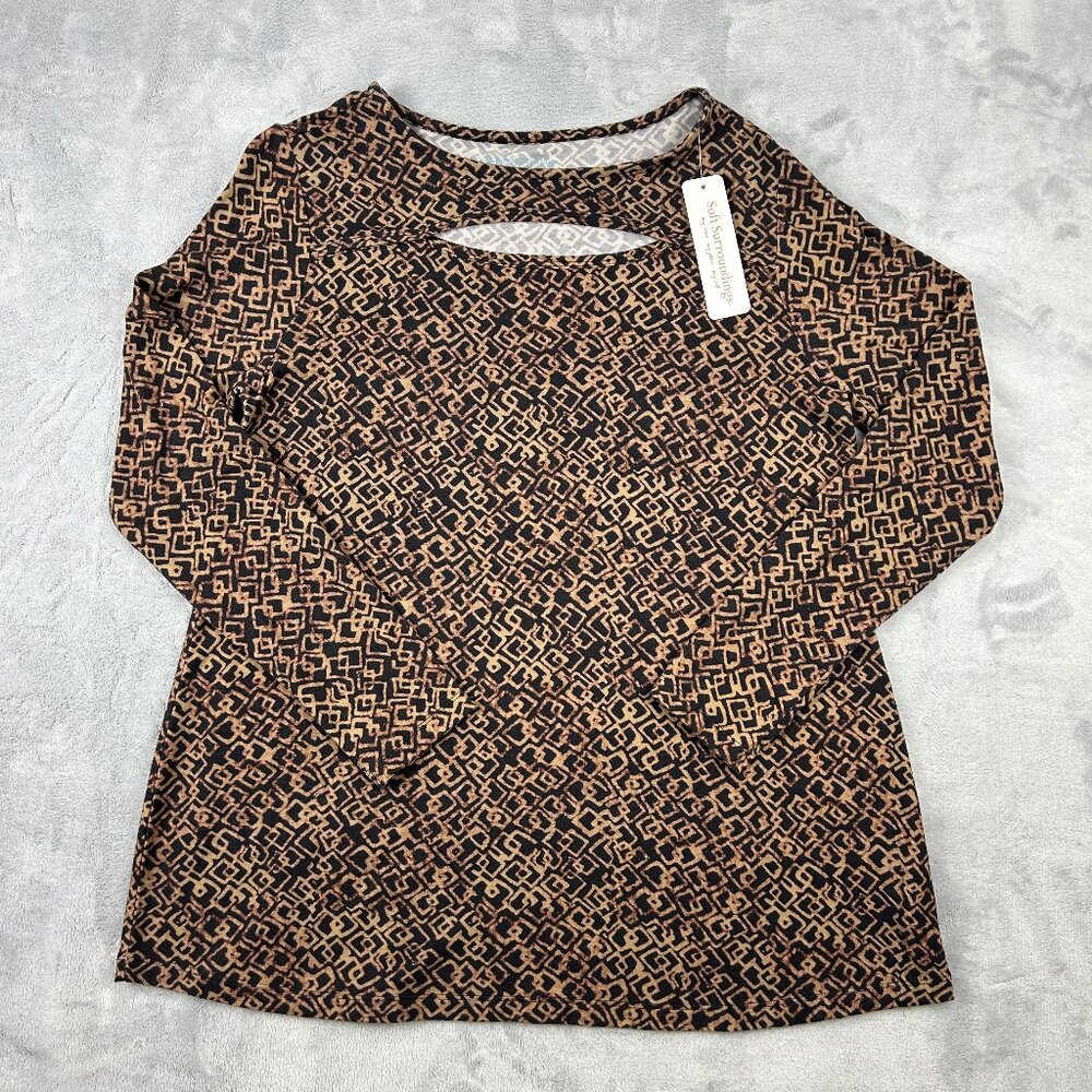 Soft Surroundings Beckett Top Shirt L Aztec Brown Abstract Stretch Long Sleeve